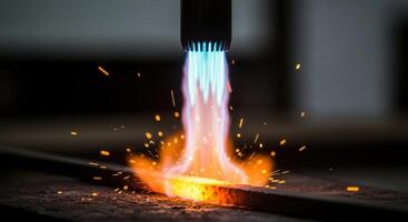 Powerful blue and orange flame from a gas burner heating a piece of raw iron. photo