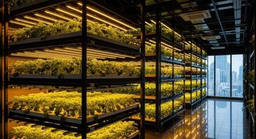 High tech indoor vertical farm with multiple tiers of green plants under led lights in an urban setting. photo
