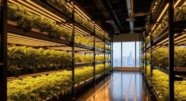 High tech indoor vertical hydroponic farm with rows of green plants and led lights photo