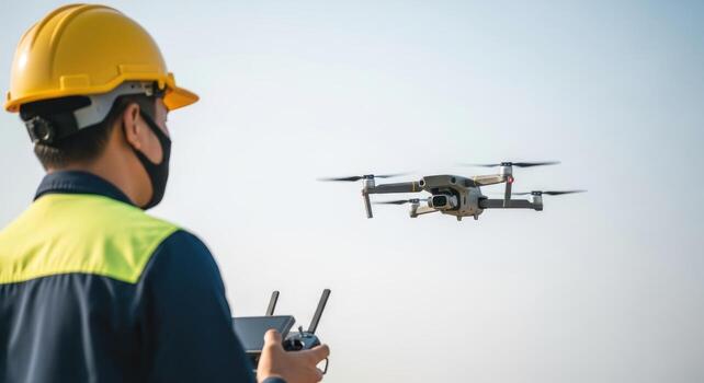 Construction engineer operating a drone for site inspection and aerial survey photo