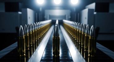 Industrial production of ammunition with multiple rows of shiny bullets photo