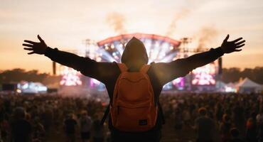 Fan with outstretched arms enjoying a lively outdoor music festival at sunset. photo