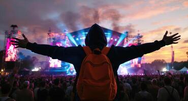 Energetic music festival crowd with arms outstretched at outdoor concert stage at dusk photo