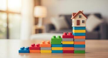 Miniature house model on a rising stack of colorful building blocks symbolizing real estate growth photo