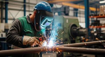 Skilled male welder wearing safety mask and hard hat performs welding work on metal pipes in a factory. photo