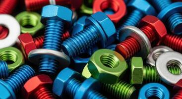 Colorful anodized aluminum bolts, nuts, and washers pile close up photo