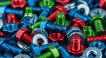 Colorful metallic bolts, nuts, and washers piled together in a vibrant close up photo