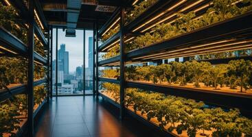 High tech indoor vertical hydroponic farm growing green plants with a city skyline view photo