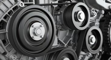 Close up of a car engine drive belt and pulley system highlighting automotive mechanics photo