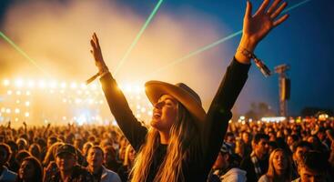 Young woman with a cowboy hat enjoying a vibrant live music concert with arms raised in a cheering crowd. photo