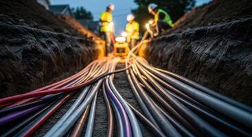 Colorful fiber optic cables in a deep trench during urban infrastructure construction at dusk. photo