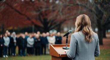 Woman giving a public speech from a podium to an audience outdoors in autumn photo