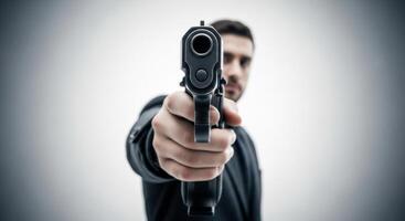 Close up of a man aiming a black handgun directly at the viewer in a studio setting photo