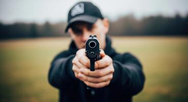 Man in a black hoodie and cap aiming a handgun directly at the viewer. photo