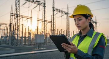Professional female engineer using tablet at electric power station during sunrise photo