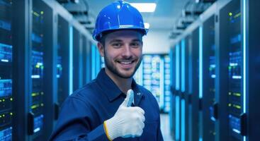 Smiling male data center technician in hard hat gives thumbs up in server room. photo