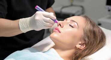 Plastic surgeon marks a young woman nose for a cosmetic rhinoplasty procedure. photo