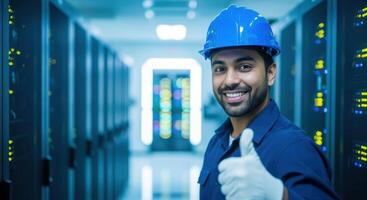 Smiling male data center technician in hard hat giving thumbs up in server room photo