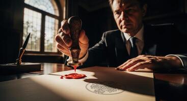 Man in a formal suit authenticates an important official document with a traditional red wax seal. photo