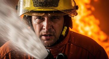Brave male firefighter in uniform spraying water from a hose battling a large fire photo