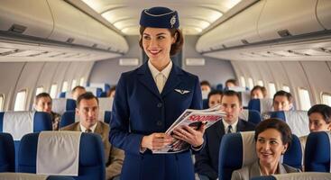 Smiling flight attendant in blue uniform standing in airplane cabin with passengers photo