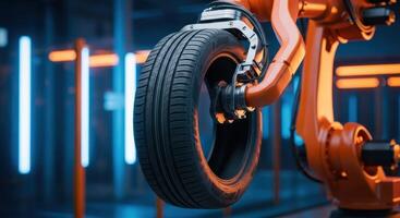 Robotic arm holding a car tire in an advanced automated automotive manufacturing facility. photo