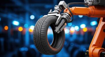 Robotic arm holding a car tire in an automated industrial manufacturing facility photo