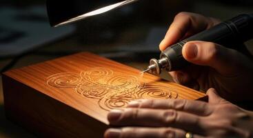 Artisan hands meticulously engrave an intricate pattern onto a wooden box with a rotary tool. photo
