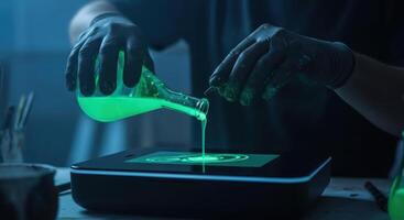 Scientist pouring glowing green chemical liquid from a flask in a dark laboratory. photo