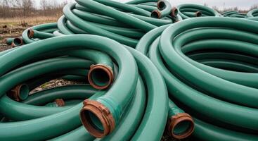 Large pile of green industrial hoses with brown connectors for water management photo