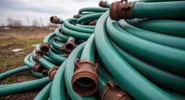 Large pile of green industrial hoses with rusty metal connectors on dry ground photo