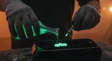 Gloved hand pouring glowing green liquid from a flask into a modern black device photo