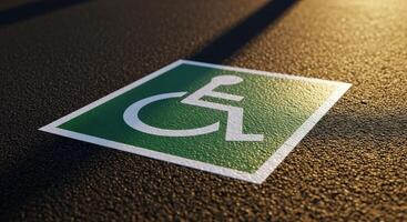 Disabled parking sign with wheelchair symbol on asphalt surface in sunlight photo