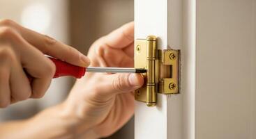 Hands using a screwdriver to tighten a golden door hinge on a white door frame. photo