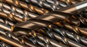 Close up of various metal drill bits for industrial and construction work photo