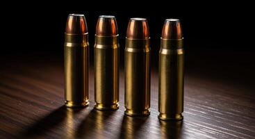 Four shiny brass and copper rifle cartridges stand upright on a dark wooden surface photo