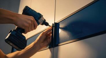 Man hands using a cordless drill to install a bracket on a blue wall panel photo