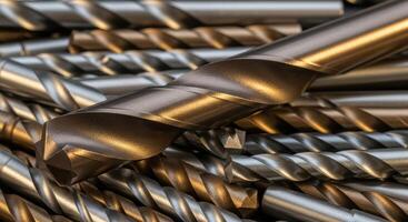 Close up of various metal drill bits for construction and industrial work photo