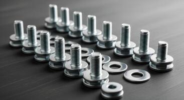 Shiny metal bolts and washers arranged on a dark surface for industrial use. photo