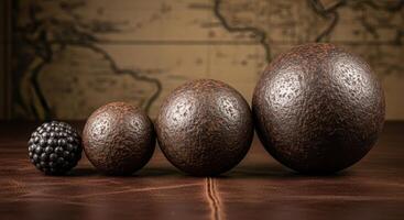 Antique cannonballs and musket balls on leather with old map background photo