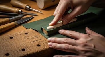 Hands of a bookbinder smoothing the spine of a leather bound book with a bone folder. photo