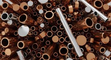 Abstract pattern of copper and silver metal pipes and tubes in a chaotic arrangement. photo