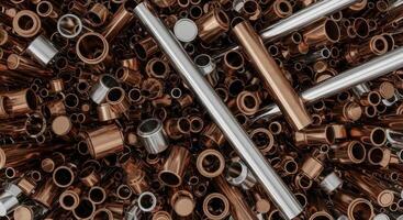 Abstract industrial background of assorted copper and silver metal pipes and tubes photo