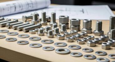 Collection of metal nuts, bolts, and washers for industrial and engineering use photo