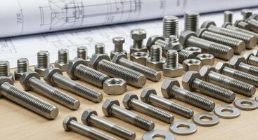Metal bolts, nuts, and washers with engineering blueprints on a wooden surface photo