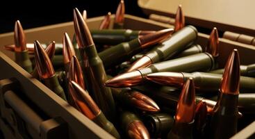 Close up of rifle ammunition cartridges with green casings and copper tips in an open box photo