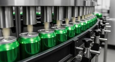 Green aluminum cans being filled on an automated production line in a modern factory photo