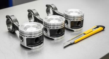 New engine pistons with connecting rods and a utility knife on a metallic surface photo