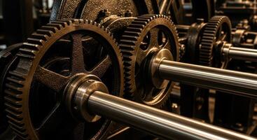 Close up of vintage industrial machine gears and shafts demonstrating mechanical power. photo