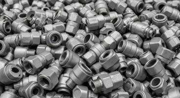 Pile of new metal hydraulic fittings and industrial components for machinery and engineering photo